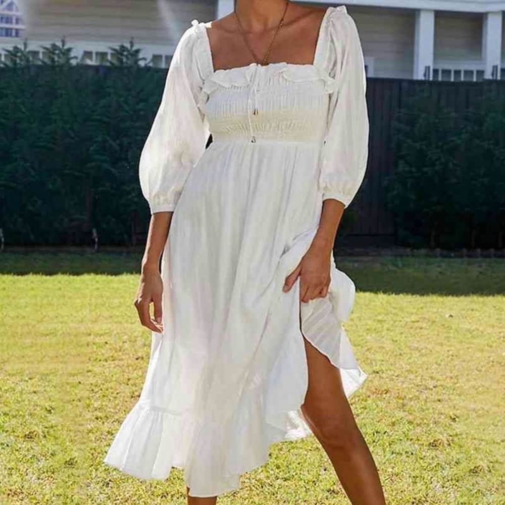 Mura Boutique White Smocked Square-Neck Midi Dress